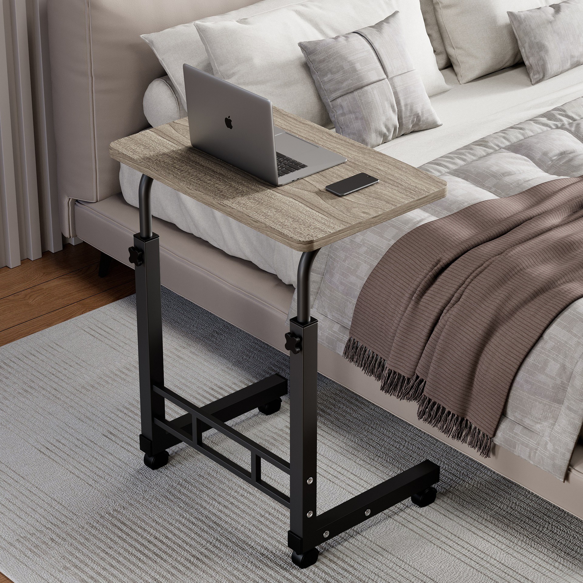 Table de chevet simple, étagère noire 60*40, aspect bois gris.