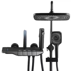 4-Function Rainwater Faucet Shower Set Black Gun Grey Copper Piano Termostato Completo Sistema Soft Spray Padrão Feito <span class=keywords><strong>Material</strong></span> de Latão