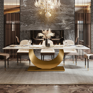 Mesa de comedor de mármol moderna rectangular de alta gama de 2m de largo y 10 plazas con tablero de pizarra Pandora y base dorada de acero inoxidable - Product Image 2