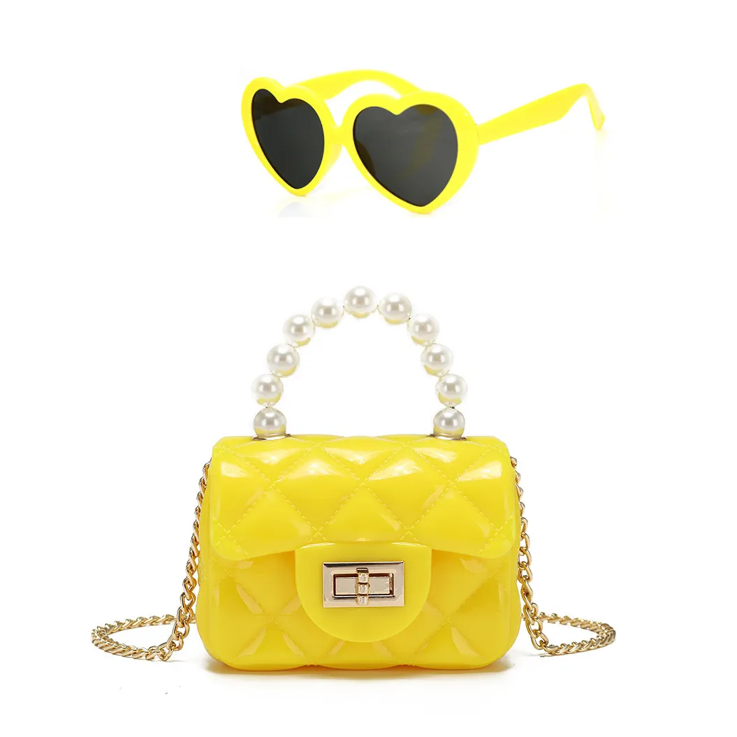 2024 Women Mini Cute Purses Kids yellow Jelly PVC handbag and glasses set pearl handle bags For Girl toddler coin Purse Gift set