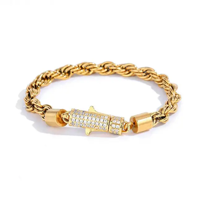 Fabricación de cadena de cuerda de diamante pulsera de cadena de cuerda de acero inoxidable 6MM 18K oro pulseras de joyería fina sin decoloración joyería para hombres