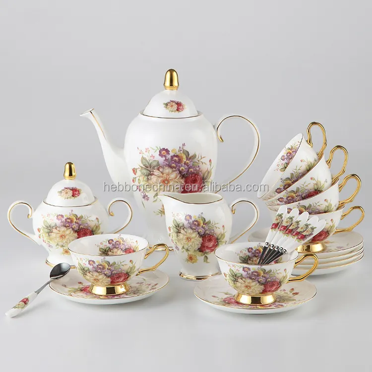 Conjunto de chá de porcelana com 15 peças, decalque alemão de ouro, nova porcelana