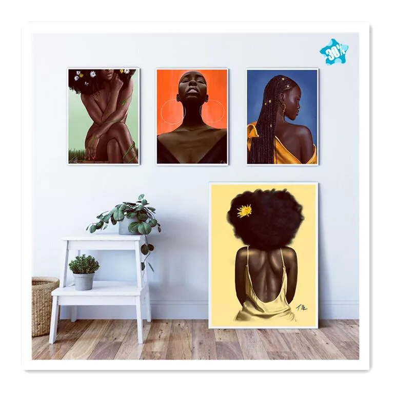 African Art Black Girl Woman Portrait Painting on Canvas Painting Poster e Print Wall Art Picture for Living Room