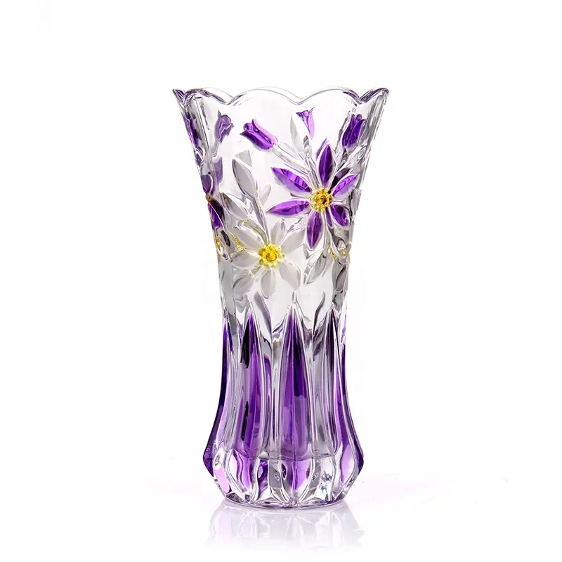 Design gravé, grand vase en verre de fleur en cristal avec pulvérisation de couleur spéciale, décoré dans la maison, le restaurant, l'hôtel