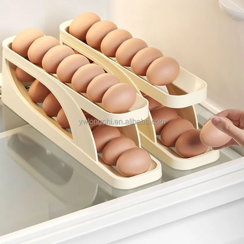 Caja de almacenamiento de huevos rodantes de 2 capas con tobogán automático más nuevo, caja de almacenamiento de refrigerador de cocina de plástico para bandeja de huevos