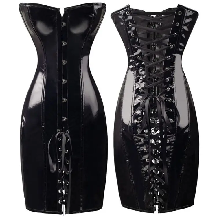 Schwarz Sexy Gothic PVC Korsett Kleid Long Slim Bustiers Overbust Korsetts Kunstleder elastisch plus Größe Overbust Korsett Kleid