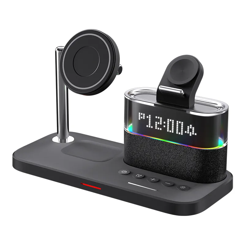 Custom Logo RGB Colorful Night Light Alarm Clock 5 in 1 Wireless Chargers Station Stand 15W Multifunctional Charger For Samsung