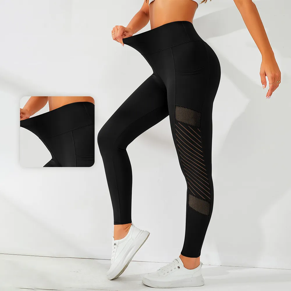 Logo personalizzato donna all'ingrosso maglia trasparente nero ragazze tasche strisce vita alta Yoga pantaloni sportivi femminili sollevamento del sedere