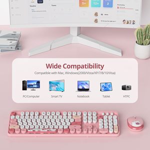Combo de teclado y ratón inalámbricos, teclado inalámbrico Retro con teclas redondas, ratón de teclado inalámbrico bonito USB de tamaño completo de 2,4 GHz