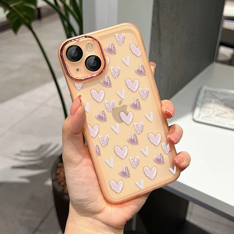 Full Screen Love Pattern Phone Case For iPhone 15/14 Pro Max/13 Transparent Graffiti TPU Cases With Lens Film Protective Cover