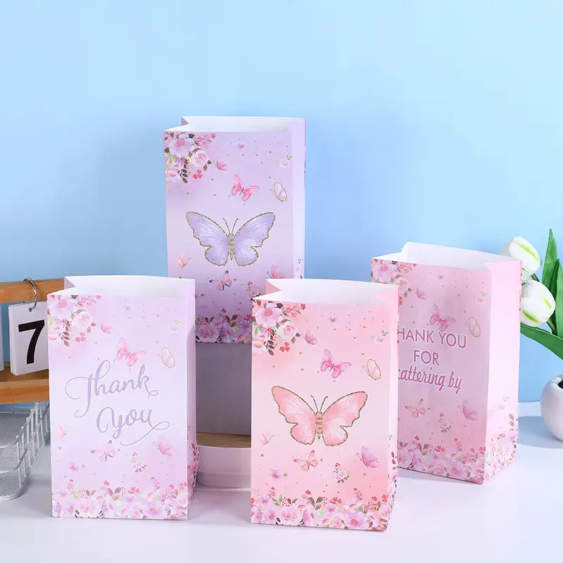 Подарочные пакеты с бабочками и наклейками, розовые и фиолетовые пакеты с надписью Thank you Party, пакеты с бабочками и конфетами для девочек и детей
