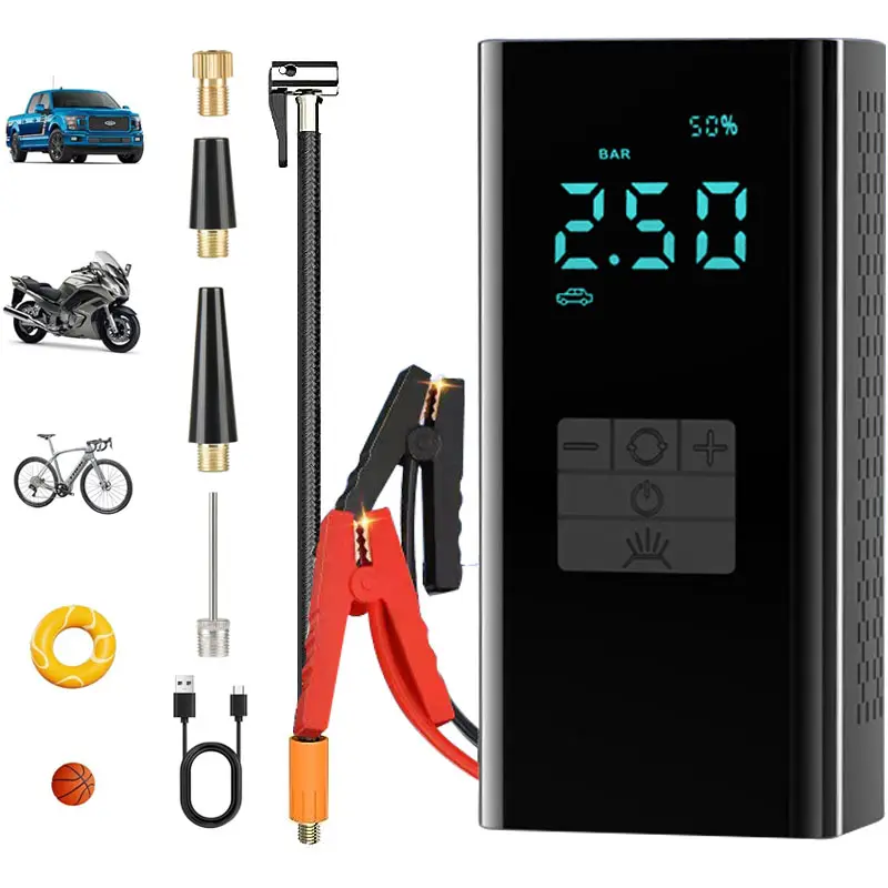 Atacado 8400mah carro portátil jump starter e compressor de ar auto power bank booster com led lanterna jumper cabos