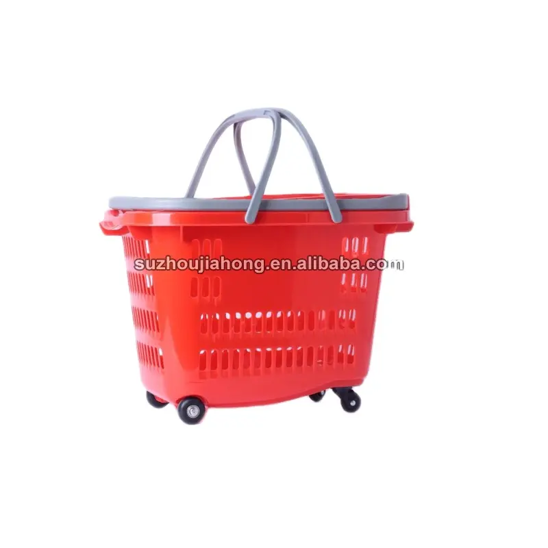 Cesta de plástico con ruedas para mayor vida diaria de compras o supermercado, Rolling roller cesta con 2 maneja