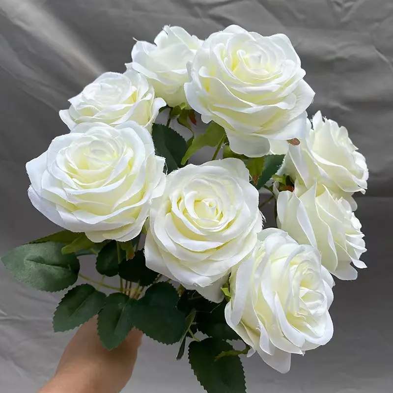 Offre Spéciale 9 Bouquets de roses de tête Fleurs artificielles blanches pour mariage