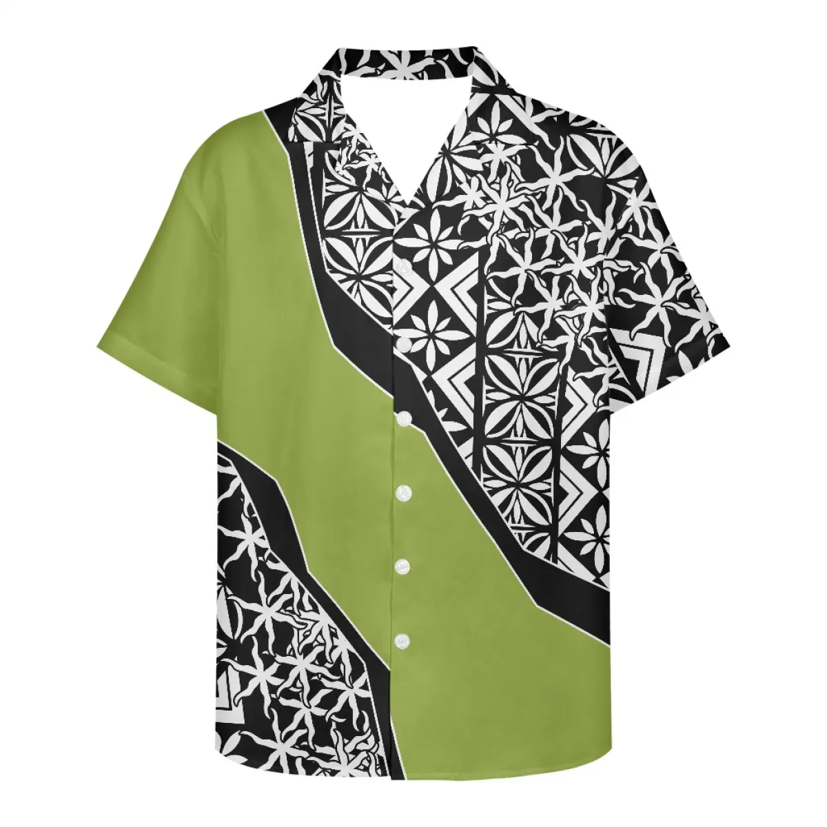 Chemises hawaïennes à motif tribal polynésien vert personnalisé Vente en gros de conception tribale polynésienne traditionnelle pour hommes grande taille