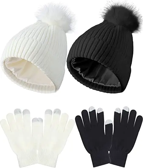 カスタムロゴウィンターポンポンニットビーニー大人の子供ユニセックス冬の帽子と手袋ウォーマーセット