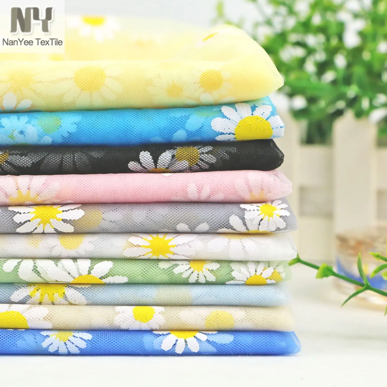 Nanyee Textile New SS Offeset Printed Little Daisy Tulle Fabric In Stock