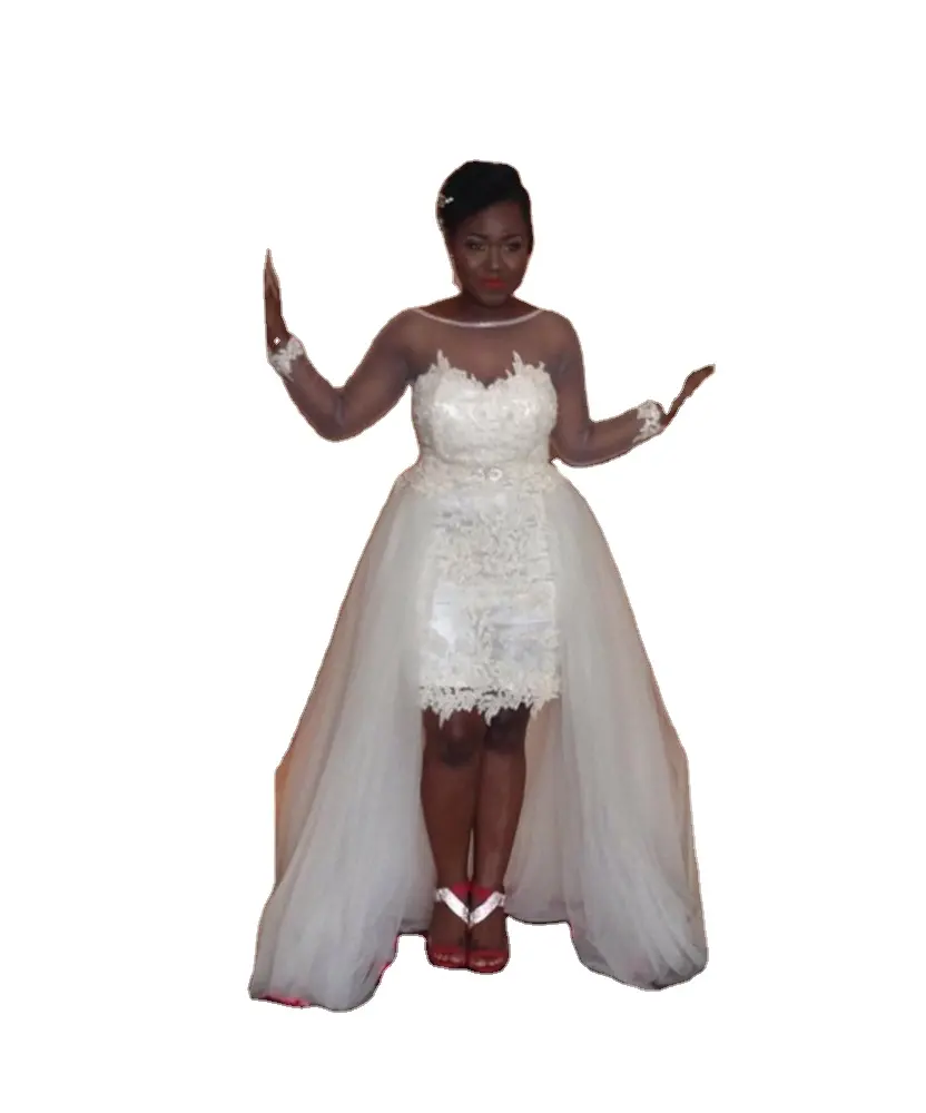 NE178 فستان زفاف أفريقي قصير بأكمام طويلة مطرز بالدانتيل, فساتين زفاف أفريقية قصيرة مكشوفة الظهر ومزين بالدانتيل وبأكمام طويلة
