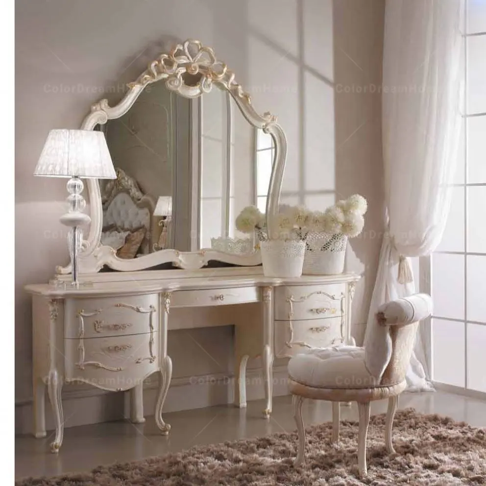Mobília elegante italiana, de alta qualidade, branco, sólido, madeira, vestido, 5 gavetas com espelho e bancada