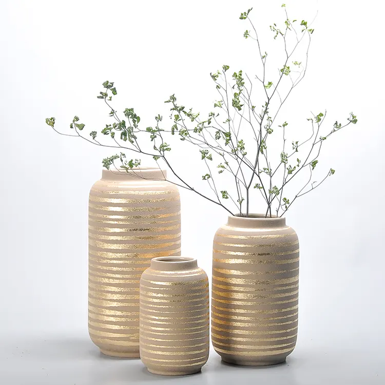 Accesorios minimalistas para el hogar, jarrón de flores nórdico de cerámica con patrón de línea dorada, decoración moderna, venta al por mayor