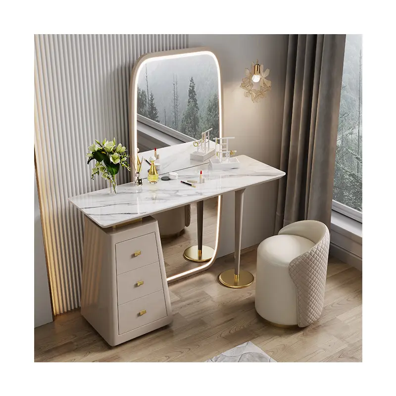 Moderno bianco e oro Make-up tavolo da tavolo galleggiante in marmo cassettiere Vanity metallo decorazioni toletta con specchio