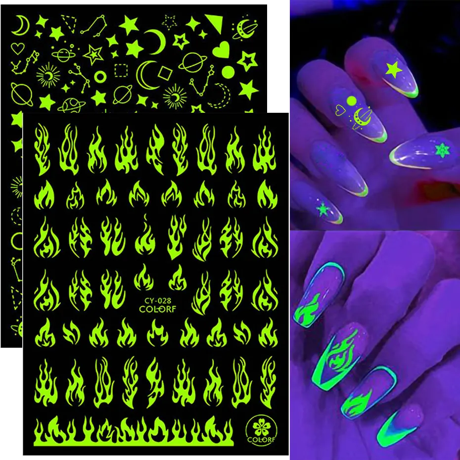 3D Luminous Nail Stickers Flame Butterfly Star Moon Glitter Design Glow in The Dark Slider Manicure Decorations