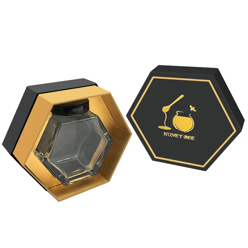 Custom Gold foil Logo Cardboard Unique Hexagon Gift Box Paper Saffron Honey Jar Bottle Packaging box With Insert for saffron