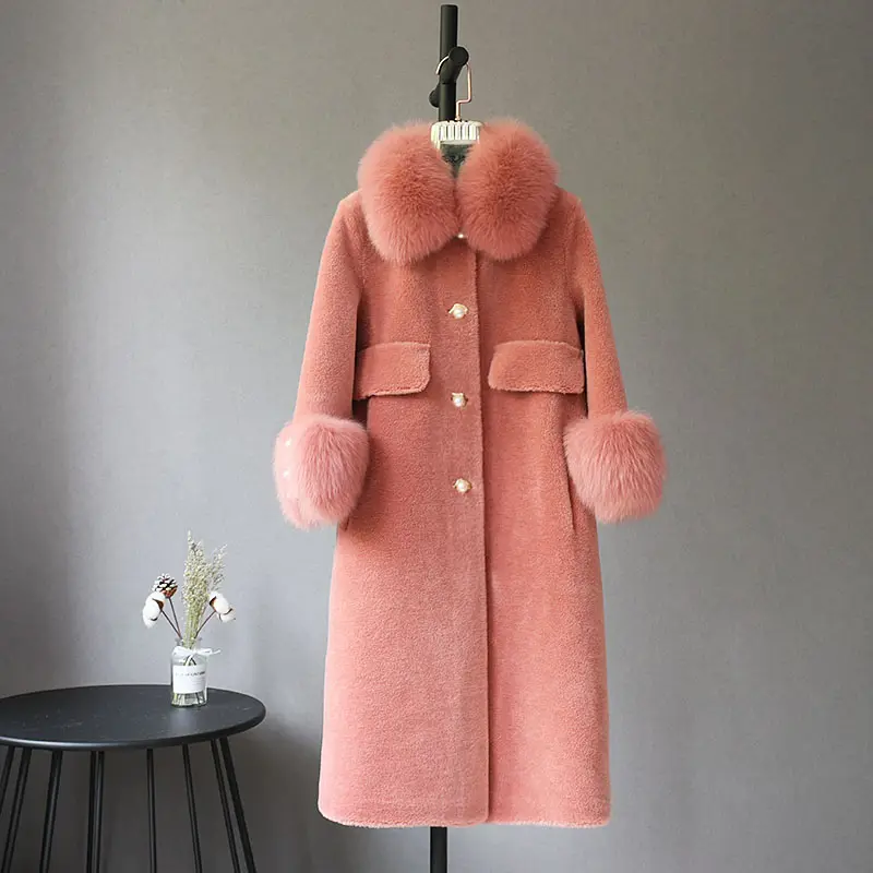 Wholesale 100% Wool Shearling Coat Real Fox Fur Collar Wool Coat Women Fashion Warm Sheep Shearling Jacket Women