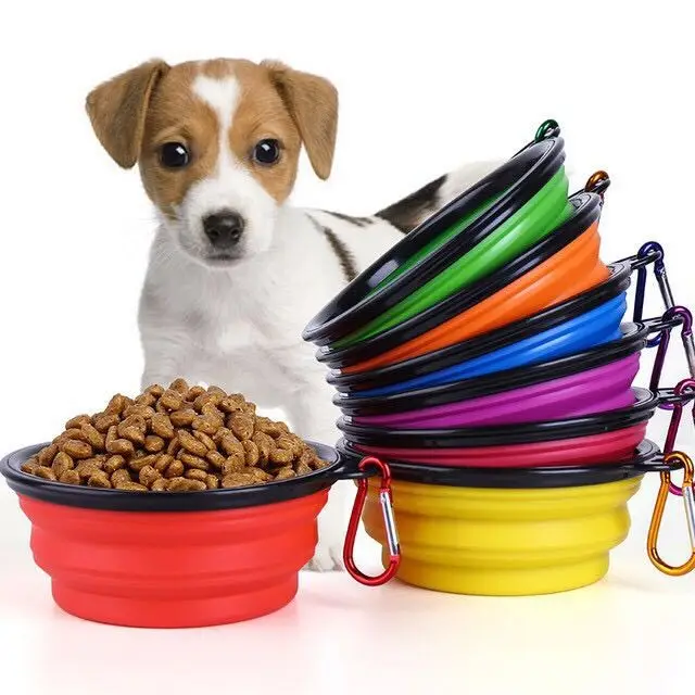 Дорожные силиконовые складные миски для воды для собак, портативная складная миска для собак с карабином