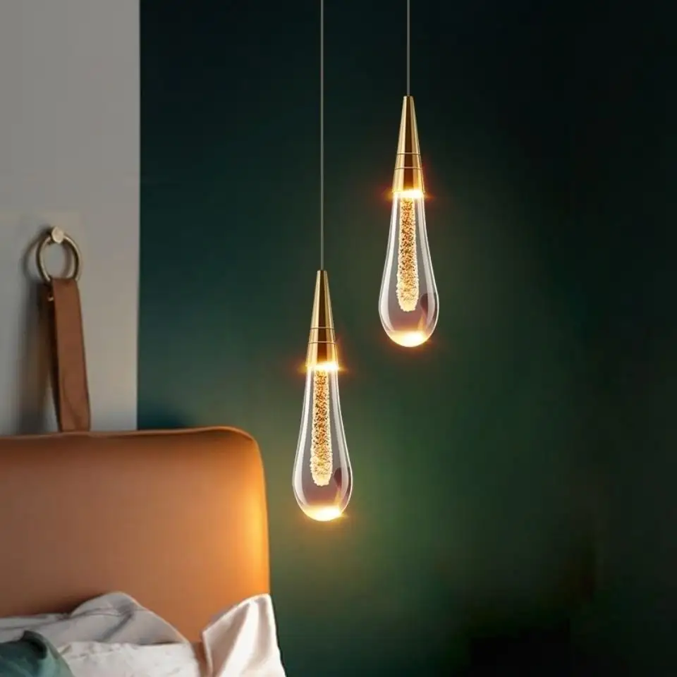 EW-lámpara colgante en forma de lágrima para mesita de noche, telón de fondo moderno, barra de cristal acogedora