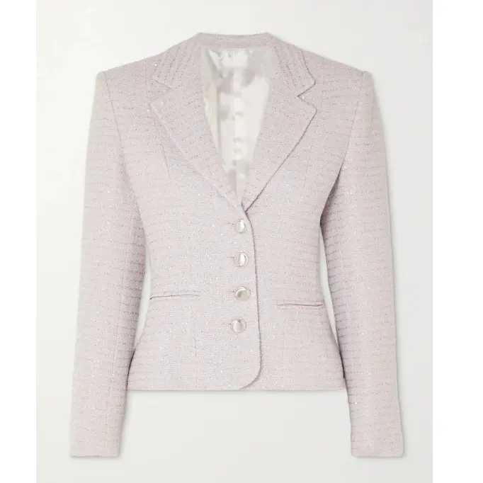 2023 Kwaliteit Eenvoudige Stijl Women Office Jack Dragen Op Maat Gemaakte Elegante Zilver Gestreepte Accessoires Tweed Licht Roze Blazer