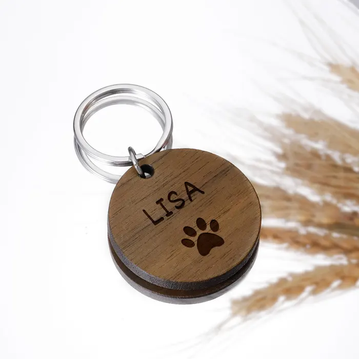 Etiquetas de identificación de perro mascota de madera grabadas personalizadas Etiqueta de madera de nombre antipérdida