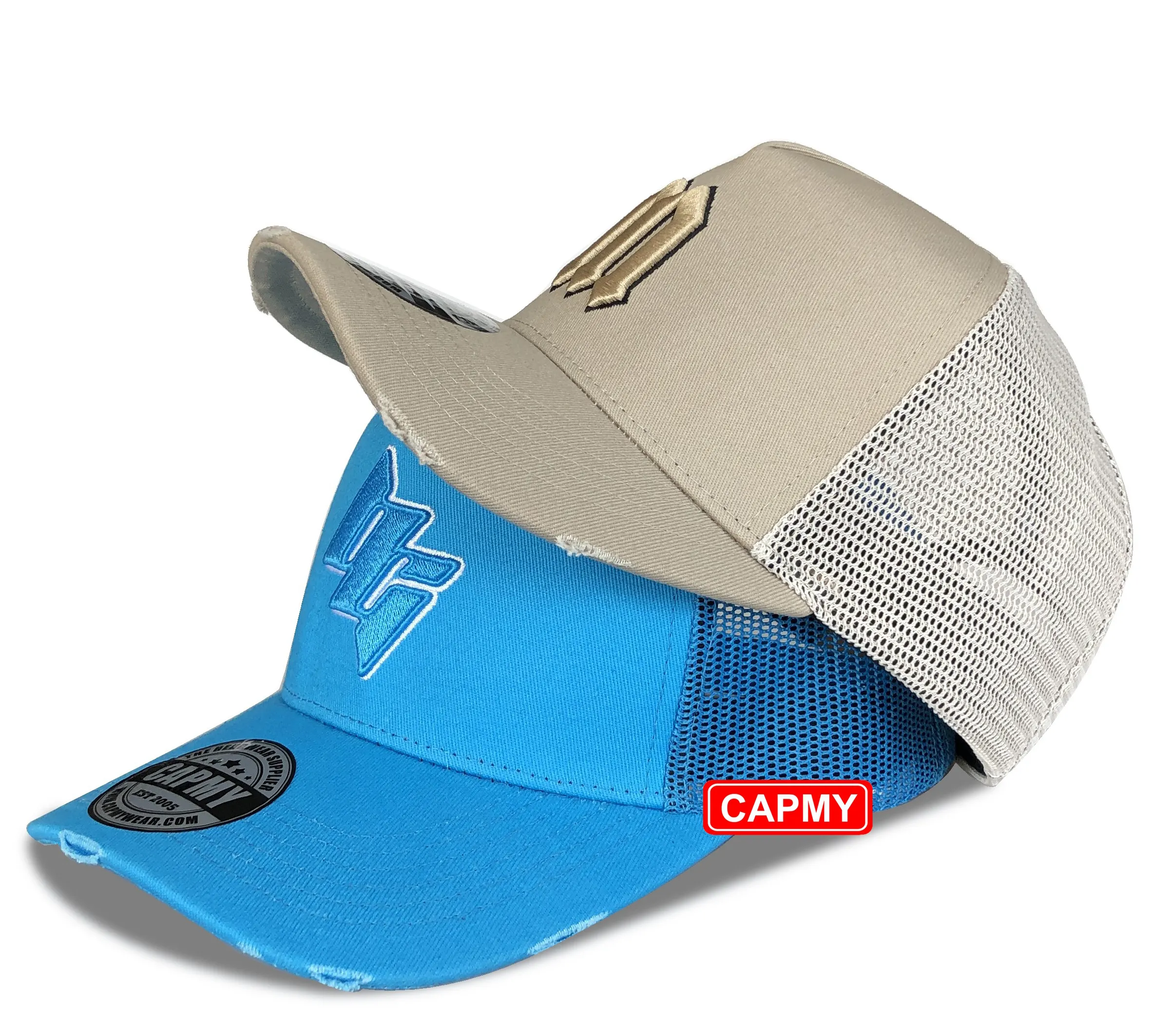 Yeni tasarım özel Logo Vintage sıkıntılı Rip file şapka şapka Streetwear mavi spor 5 Panel sıkıntılı kamyon şoförü şapkalar