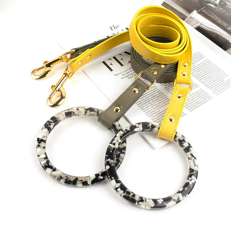 Hochwertige neue Design Harz Ring Griffe Haustier Zubehör Luxus Leder Hunde halsbänder und Leine Set mit Metalls chnalle für Welpen