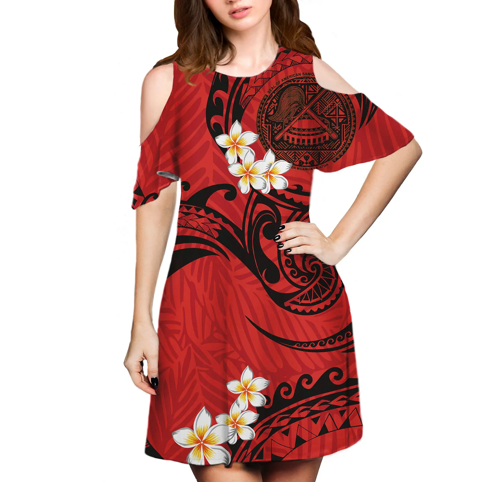Red Polynesian Samoan Pattern abiti a spalla fredda donna Lady elegante manica corta abiti estivi Casual abiti da ragazza di fiori
