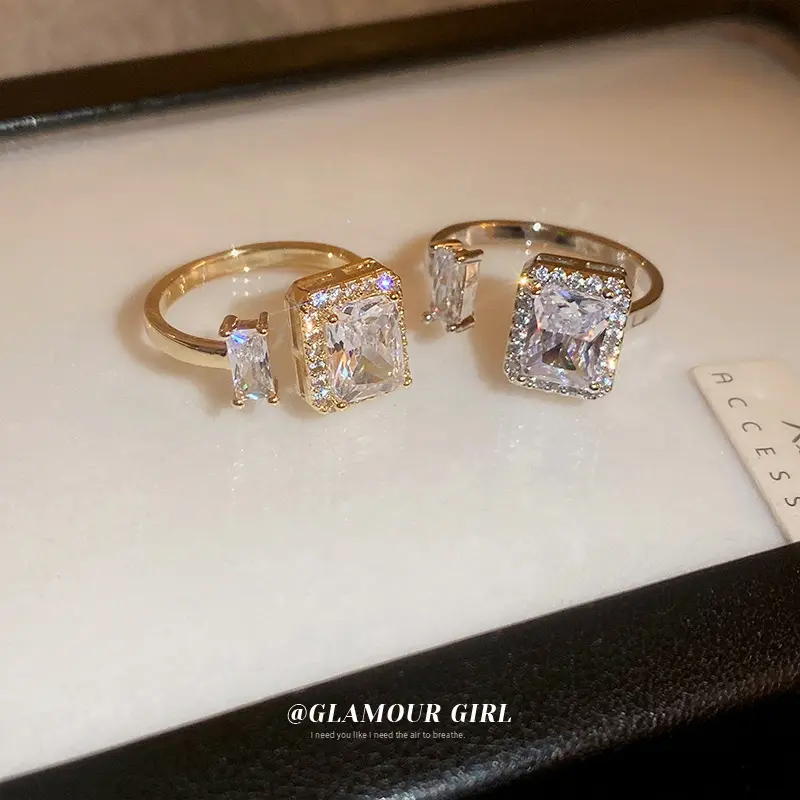 2023 anello aperto quadrato in zircone dorato personalizzato anello dito indice di lusso leggero moda semplice nuovi gioielli per le donne