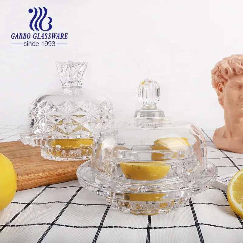 Toptan ucuz şekeri tasarım limon dome yuvarlak kristal şekerleme kavanoz kapaklı cam leom bulaşık