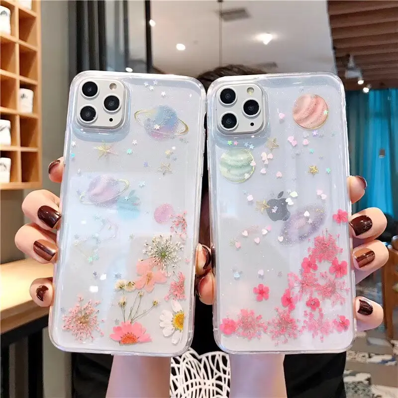 Droge Bloem Sterrenhemel Ontwerp Met Gedroogde Bloem Tpu Case Voor Iphone 15 14 Plus 13 Mini 12 11 7 8 Xr