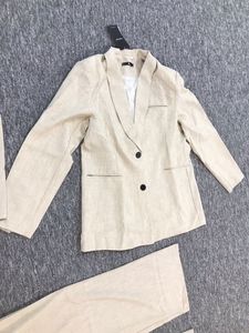 カジュアルスーツワイドレッグパンツ付きスリーピースセット女性用ファッション2023年夏高度アプリコットシルエットリネン