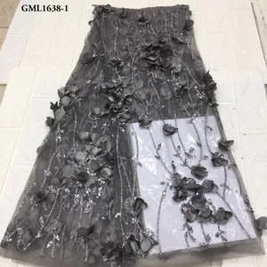 批发3d新娘蕾丝配手工法国薄纱蕾丝面料重串珠蕾丝面料5码