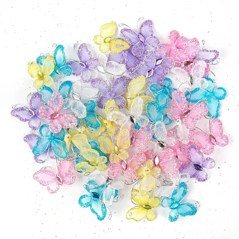 100 pezzi 1 pollice Organza filo farfalla in Nylon Glitter farfalla Organza rete trasparente farfalle con decorazione di nozze gemma