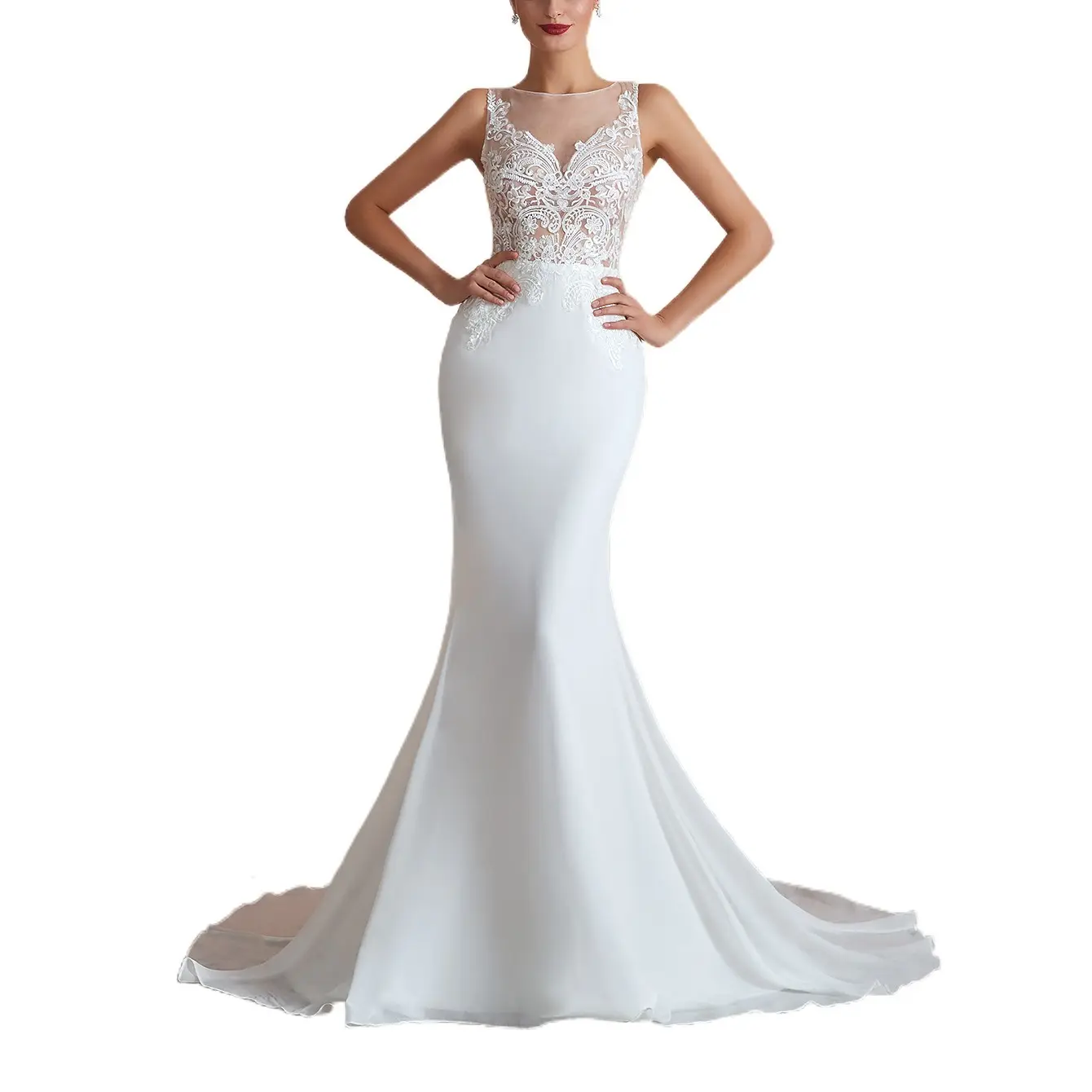 Elegante durchsichtige 2021 Ausschnitt Chiffon Korsett ärmellose Vestidos De Novia Brautkleid Meerjungfrau Brautkleider für Braut