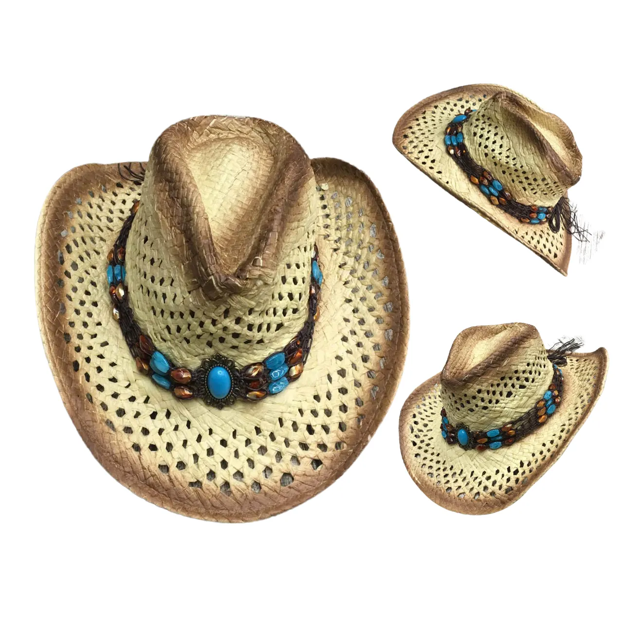 Handmade Raffia Rơm Cowboy Hat Mexico Sombreros Carbon Hóa Rỗng Bãi Biển Mùa Hè Sun Cao Bồi Mũ