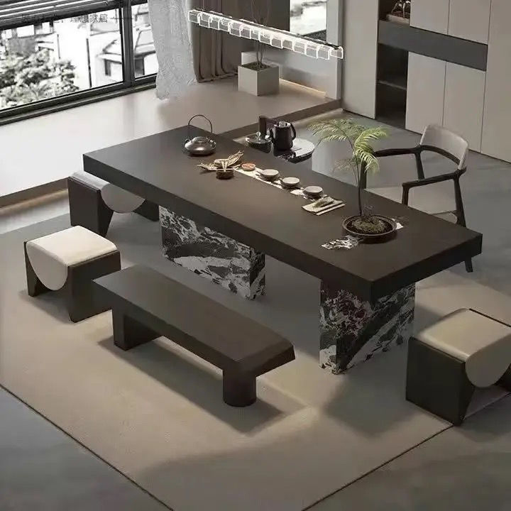 Mesa de té de 2,8 metros, 1 silla principal, 3 taburetes cuadrados, 3 bancos largos