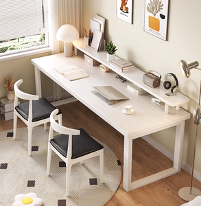 Pure Solid Wood Double <strong>Desk</strong> with Bookshelf <strong>Simple</strong> <strong>Computer</strong> <strong>Desk</strong> Against the Wall Workbench - Product Image 4