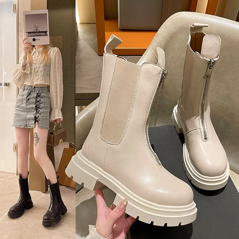 Botas finas con cremallera frontal para mujer, botines planos de cuero con plataforma negra