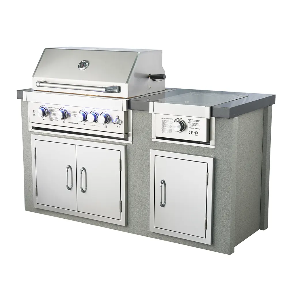 Corpo do armário do fogão em mármore, bancada de cozinha com portas simples e duplas do forno, cozinha modular ao ar livre