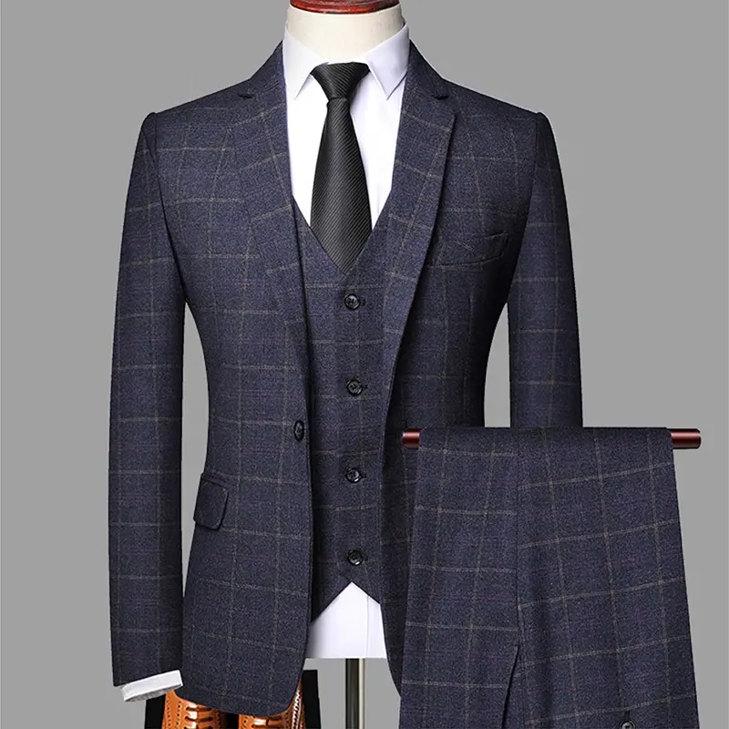 Mens Three-piece Small Suit Set Men's Slim Plaid Formal Wear Men's Casual Groom Wedding Suit