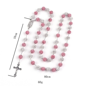 Kalung liontin salib logam Panjang Pria Wanita, perhiasan doa manik-manik bola tanah liat berlian imitasi kristal untuk pria wanita - Product Image 6