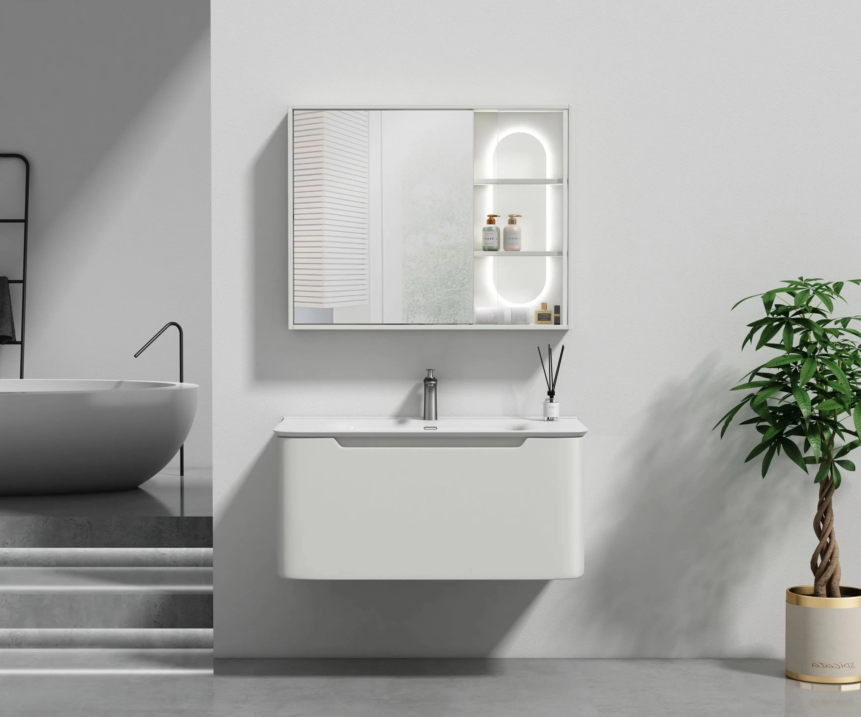 individueller weißer lack schwimmender Schrank Becken wandmontierter badezimmer Waschtisch Schrank mit intelligenter Spiegel